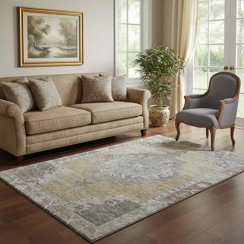 Beige Gray And Charcoal Oriental Washable Area Rug With UV Protection Photo 2