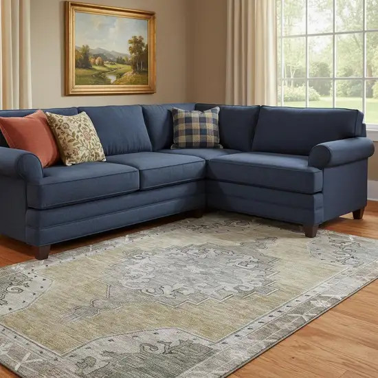 Beige Gray And Charcoal Oriental Washable Area Rug With UV Protection Photo 2