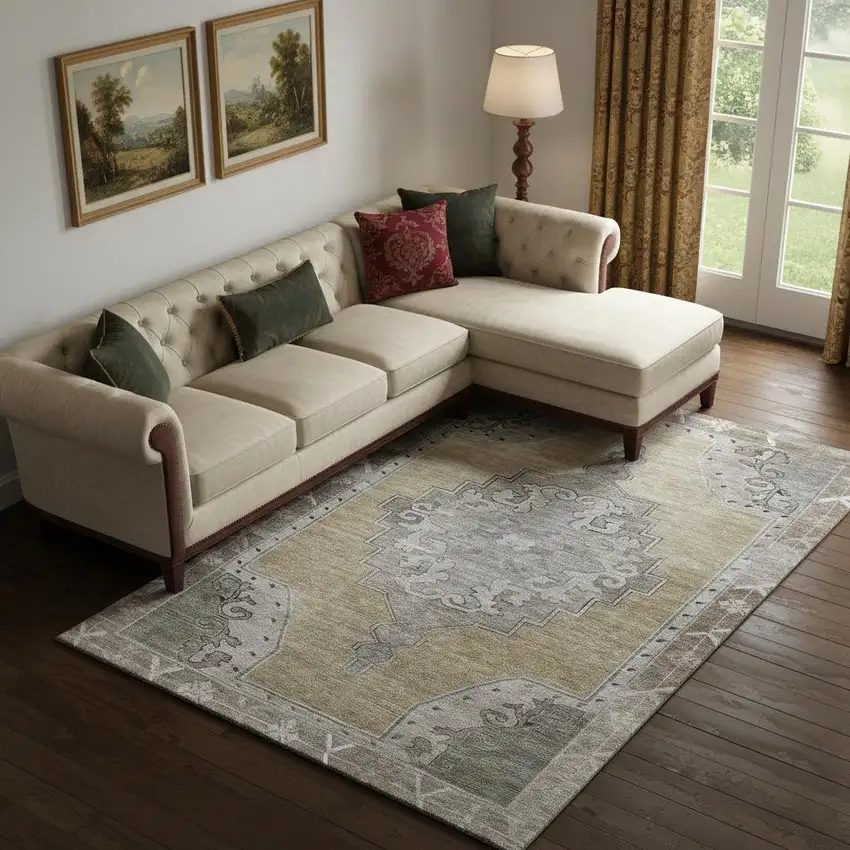 Beige Gray And Charcoal Oriental Washable Area Rug With UV Protection Photo 2