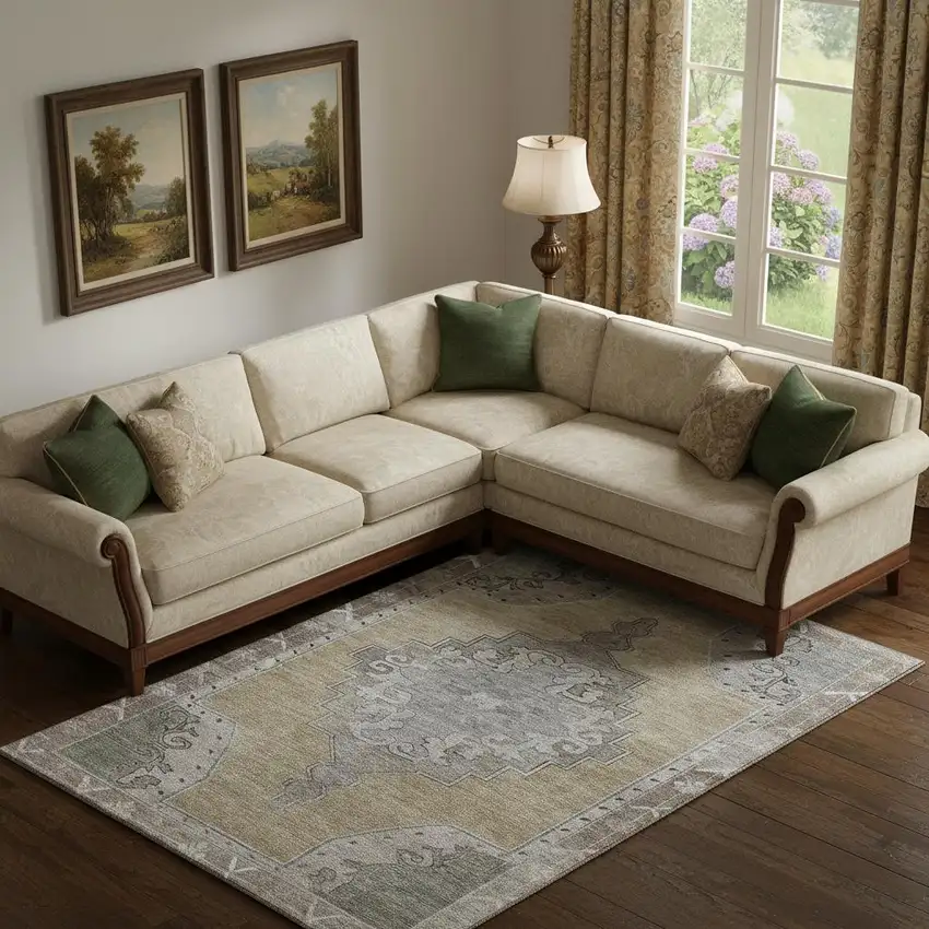 Beige Gray And Charcoal Oriental Washable Area Rug With UV Protection Photo 2