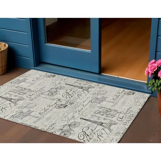 Beige Gray And Charcoal Toile Washable Indoor Outdoor Area Rug Photo 2