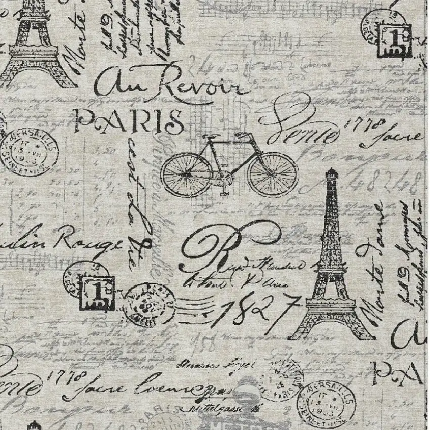 Beige Gray And Charcoal Toile Washable Indoor Outdoor Area Rug Photo 5