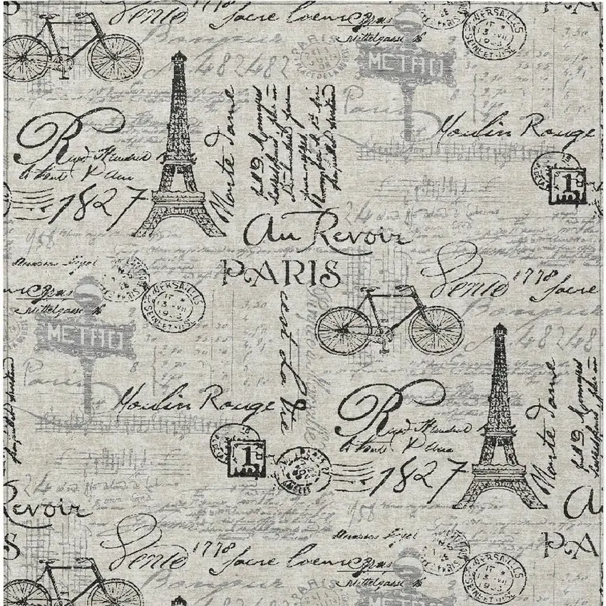 Beige Gray And Charcoal Toile Washable Indoor Outdoor Area Rug Photo 3