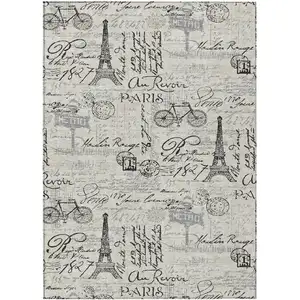 Photo of Beige Gray And Charcoal Toile Washable Indoor Outdoor Area Rug