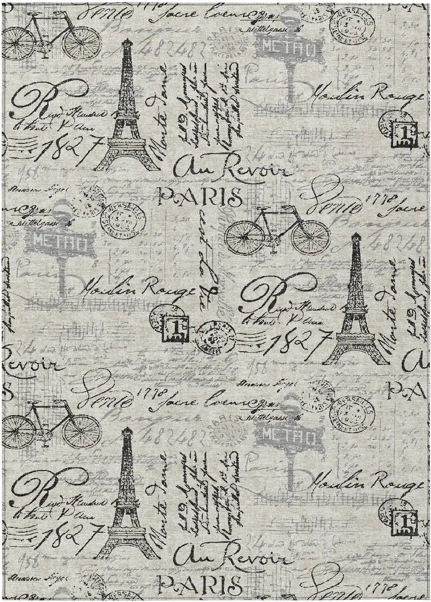 Beige Gray And Charcoal Toile Washable Indoor Outdoor Area Rug Photo 1