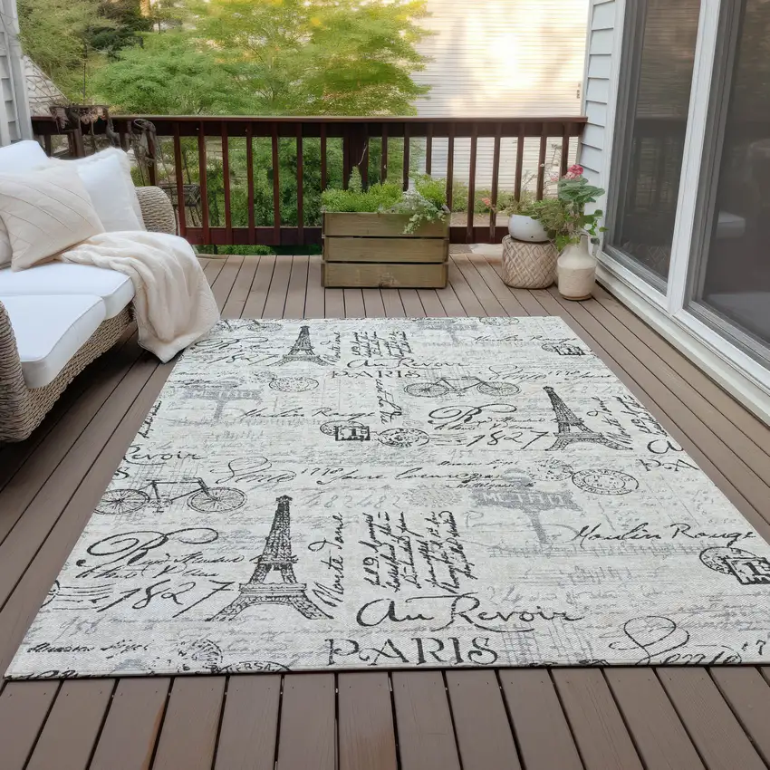 Beige Gray And Charcoal Toile Washable Indoor Outdoor Area Rug Photo 6