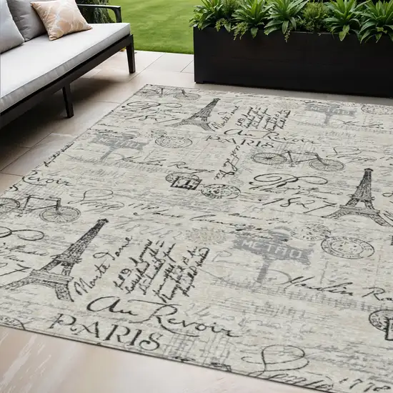 Beige Gray And Charcoal Toile Washable Indoor Outdoor Area Rug Photo 2