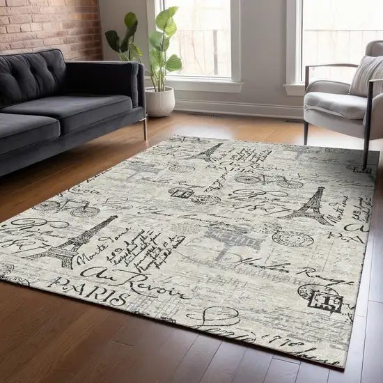 Beige Gray And Charcoal Toile Washable Indoor Outdoor Area Rug Photo 7