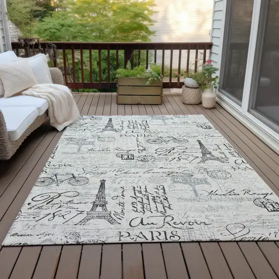Beige Gray And Charcoal Toile Washable Indoor Outdoor Area Rug Photo 7