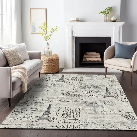 Beige Gray And Charcoal Toile Washable Indoor Outdoor Area Rug Photo 9