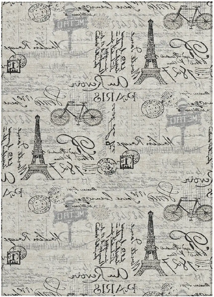 Beige Gray And Charcoal Toile Washable Indoor Outdoor Area Rug Photo 3