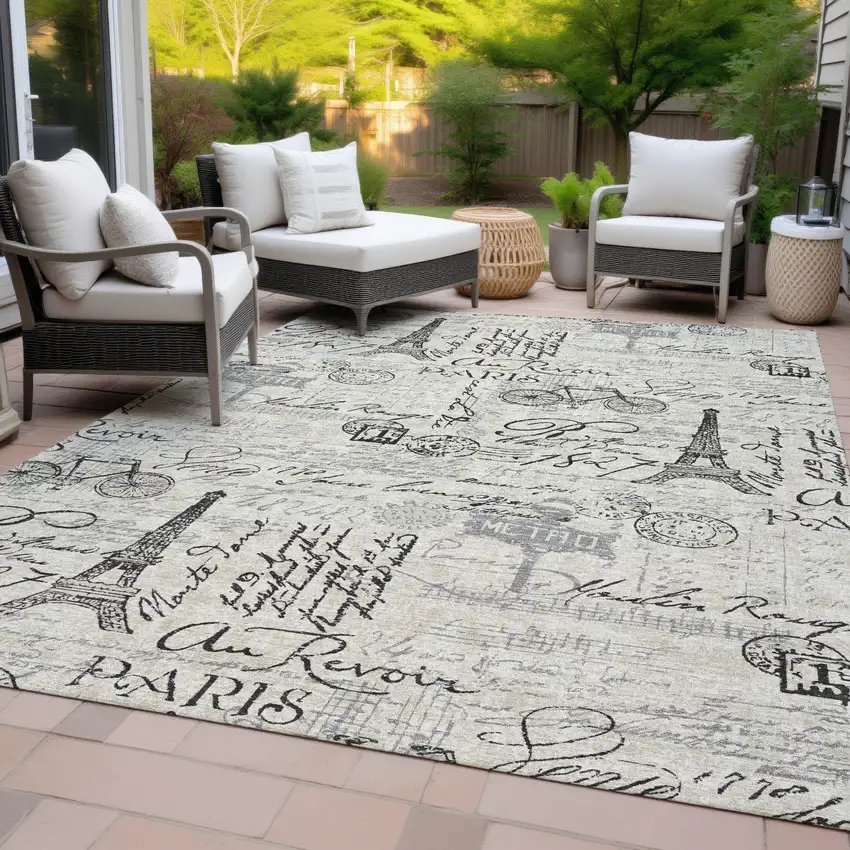 Beige Gray And Charcoal Toile Washable Indoor Outdoor Area Rug Photo 8