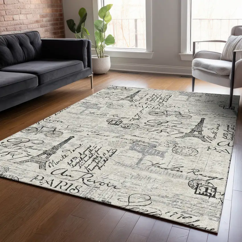 Beige Gray And Charcoal Toile Washable Indoor Outdoor Area Rug Photo 6