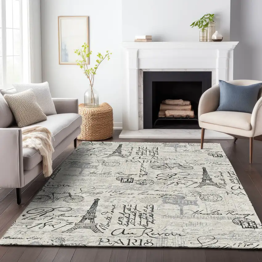 Beige Gray And Charcoal Toile Washable Indoor Outdoor Area Rug Photo 7