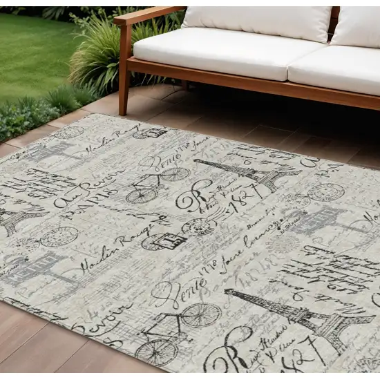 Beige Gray And Charcoal Toile Washable Indoor Outdoor Area Rug Photo 2