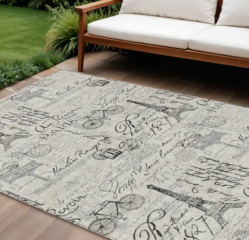 Beige Gray And Charcoal Toile Washable Indoor Outdoor Area Rug Photo 2