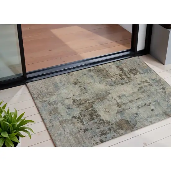 Beige Gray And Chocolate Abstract Washable Indoor Outdoor Area Rug Photo 1