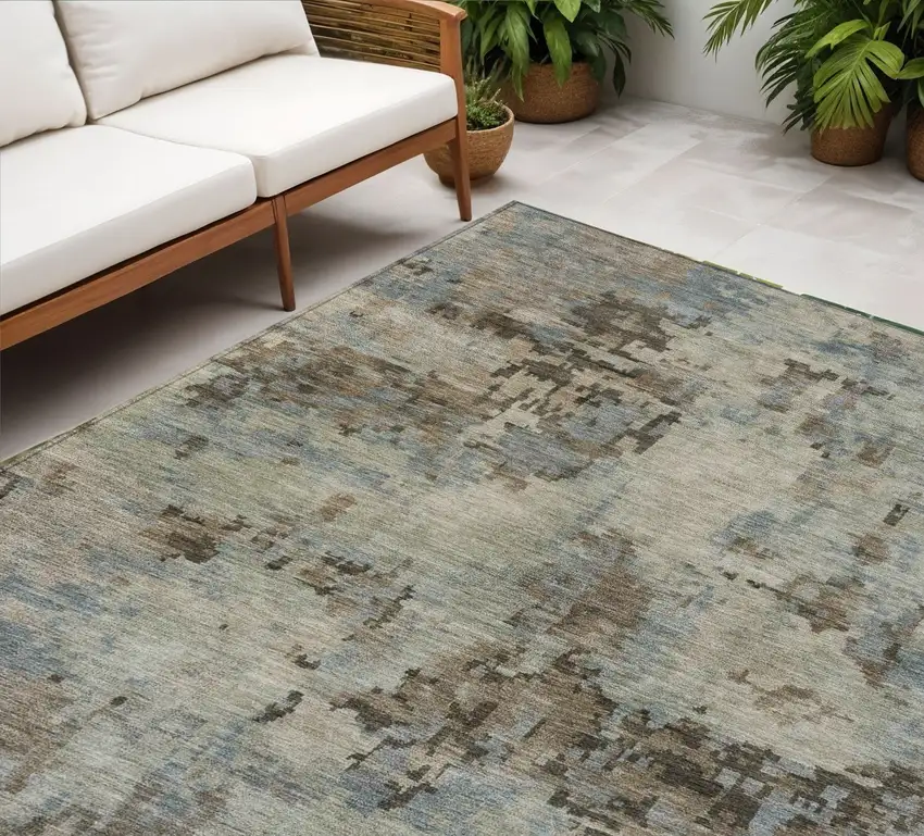Beige Gray And Chocolate Abstract Washable Indoor Outdoor Area Rug Photo 1