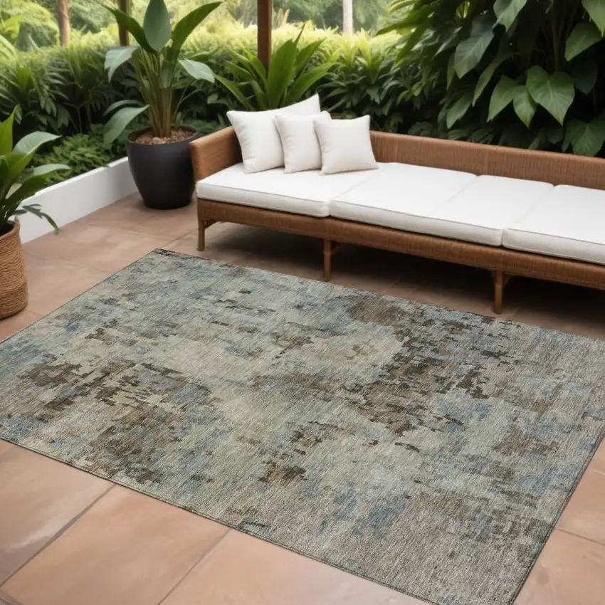 Beige Gray And Chocolate Abstract Washable Indoor Outdoor Area Rug Photo 1