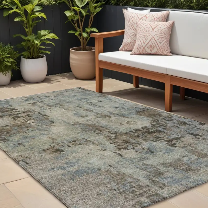 Beige Gray And Chocolate Abstract Washable Indoor Outdoor Area Rug Photo 1