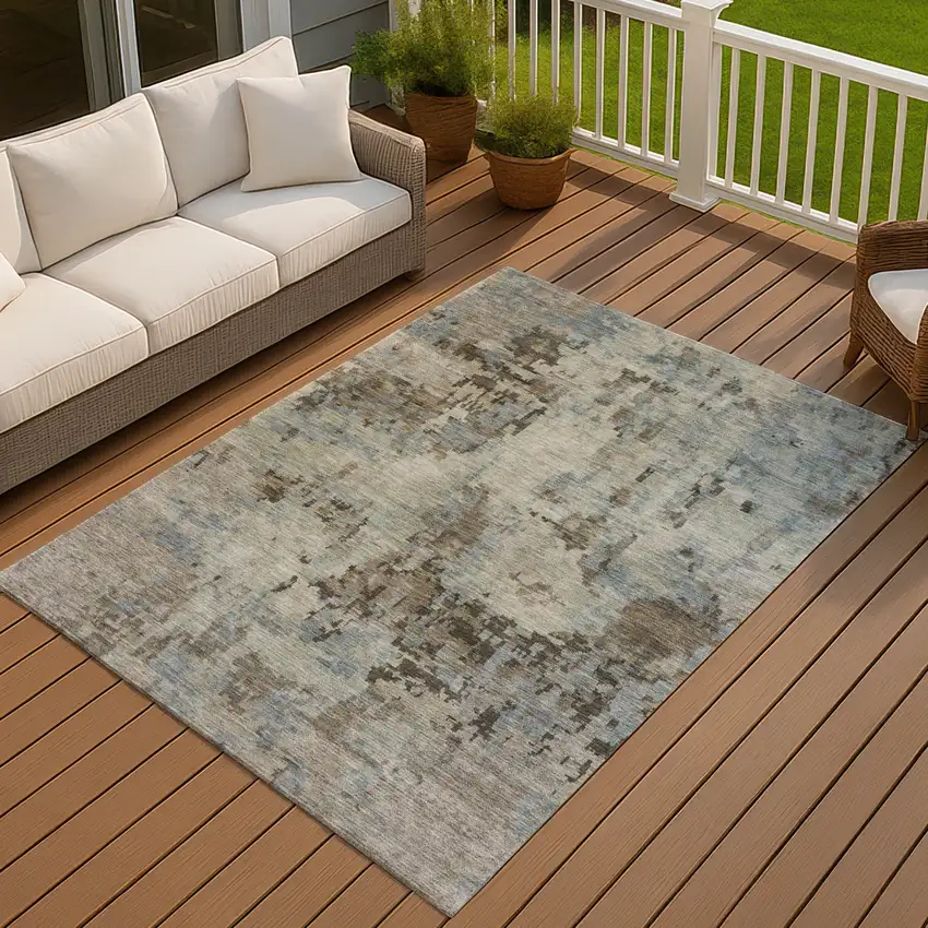 Beige Gray And Chocolate Abstract Washable Indoor Outdoor Area Rug Photo 4