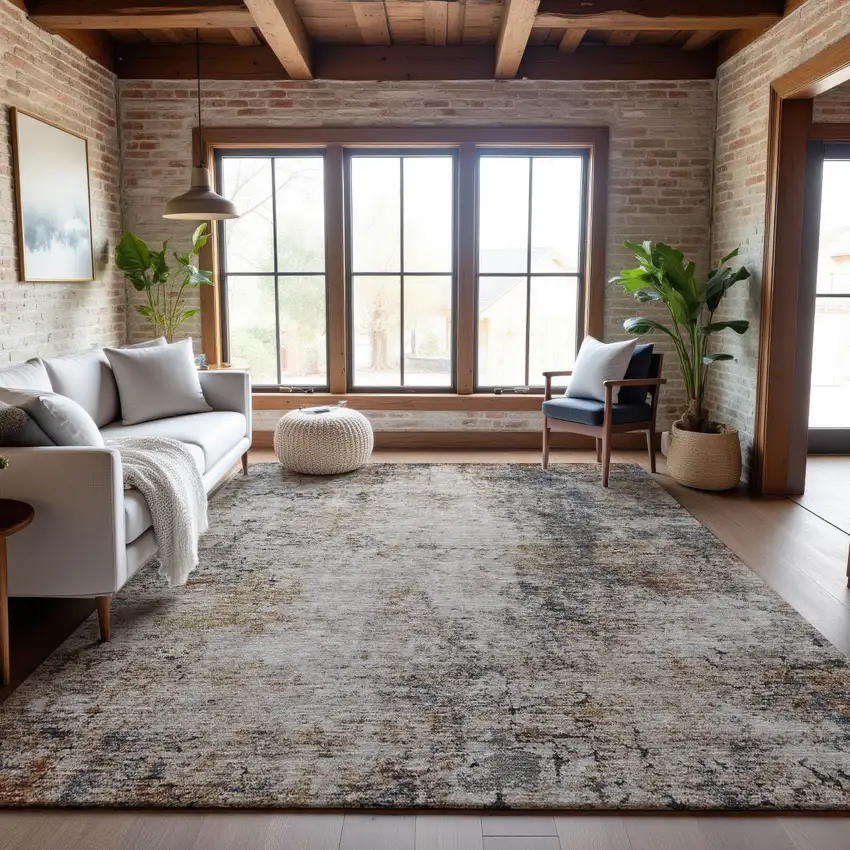 Beige Gray And Copper Abstract Washable Area Rug With UV Protection Photo 2