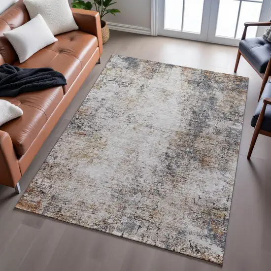 Beige Gray And Copper Abstract Washable Area Rug With UV Protection Photo 1