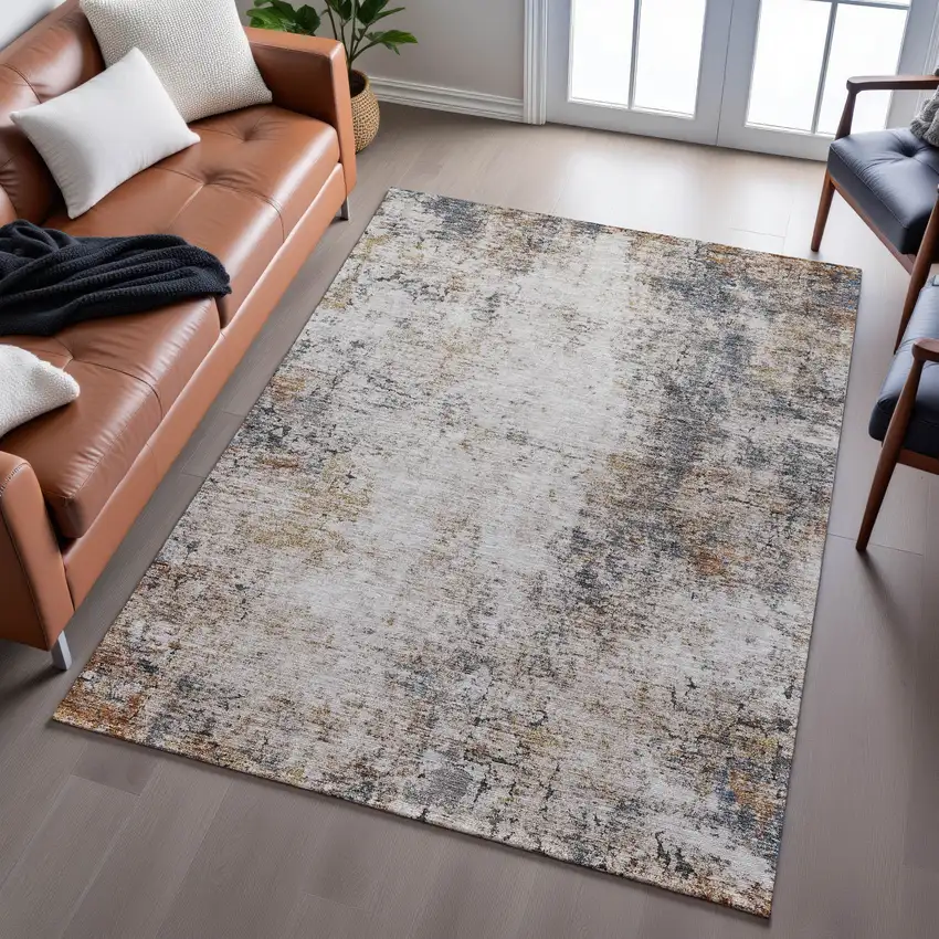 Beige Gray And Copper Abstract Washable Area Rug With UV Protection Photo 1