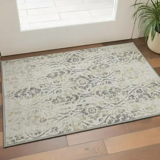 Beige Gray And Gold Floral Washable Area Rug With UV Protection Photo 2