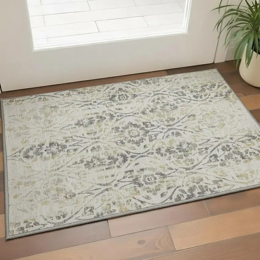 Beige Gray And Gold Floral Washable Area Rug With UV Protection Photo 2