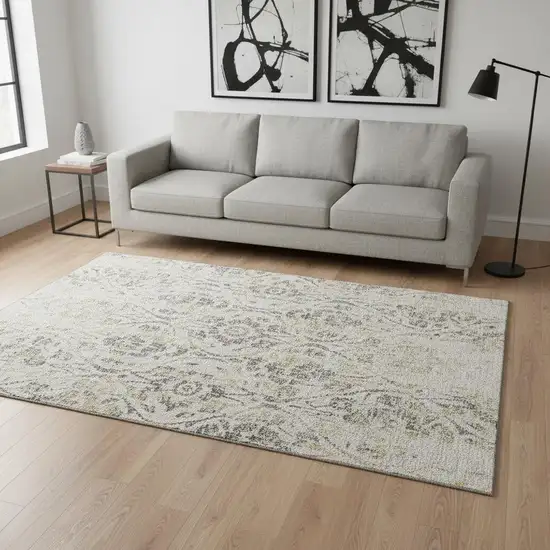 Beige Gray And Gold Floral Washable Area Rug With UV Protection Photo 2