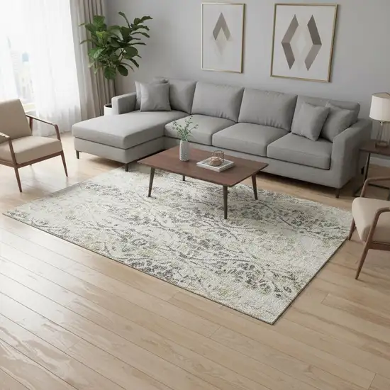 Beige Gray And Gold Floral Washable Area Rug With UV Protection Photo 2