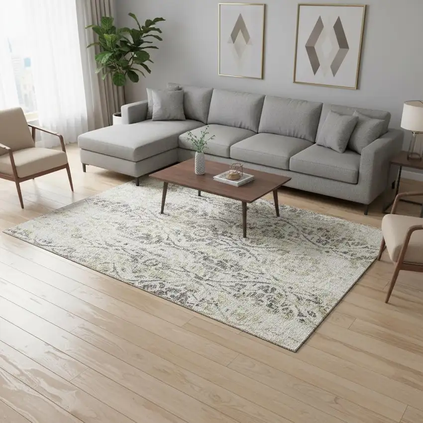 Beige Gray And Gold Floral Washable Area Rug With UV Protection Photo 2