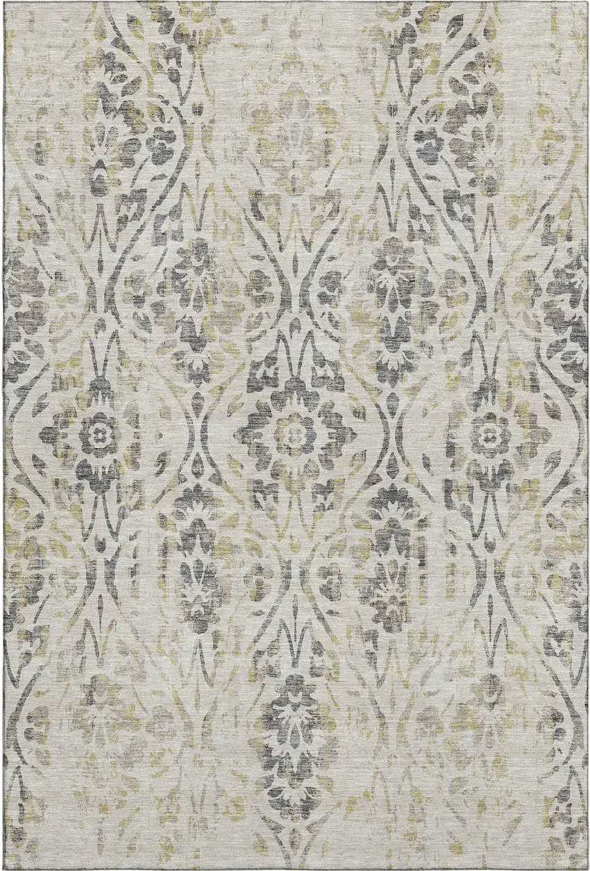 Beige Gray And Gold Floral Washable Area Rug With UV Protection Photo 1