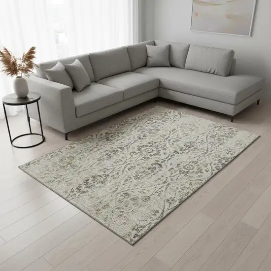 Beige Gray And Gold Floral Washable Area Rug With UV Protection Photo 2