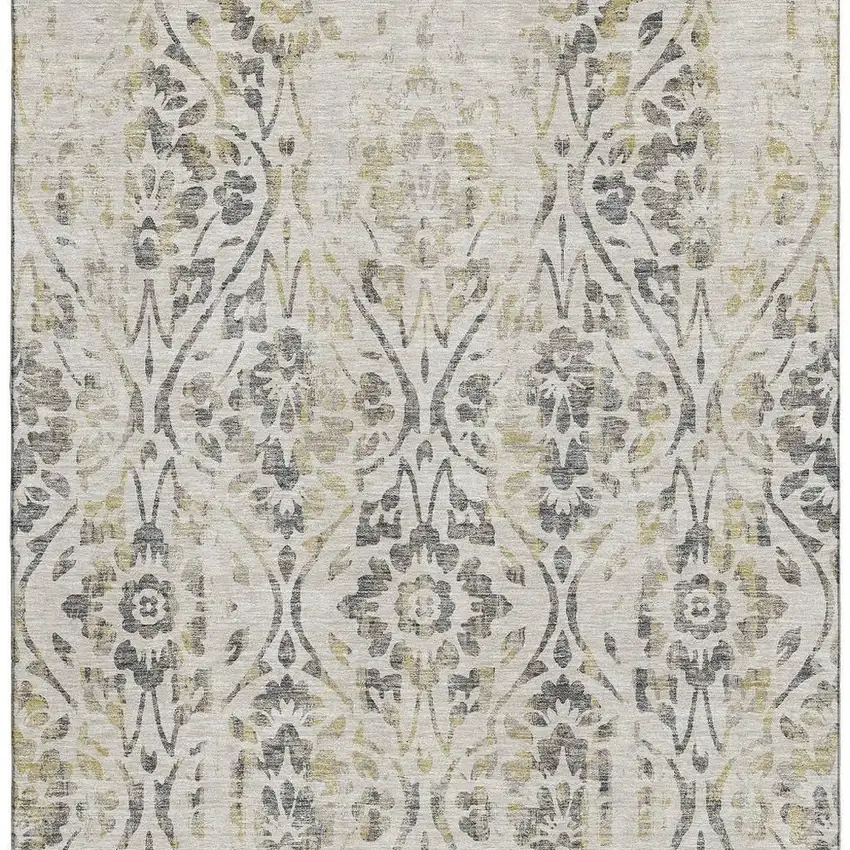 Beige Gray And Gold Floral Washable Area Rug With UV Protection Photo 3