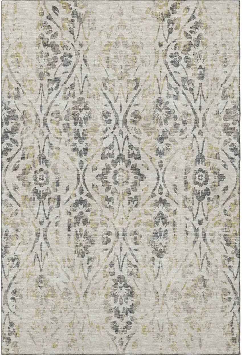 Beige Gray And Gold Floral Washable Area Rug With UV Protection Photo 4