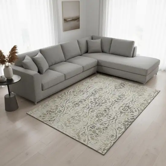 Beige Gray And Gold Floral Washable Area Rug With UV Protection Photo 2