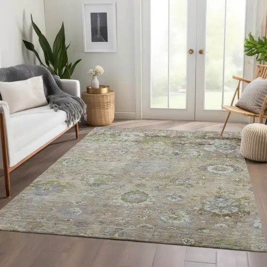 Beige Gray And Green Floral Washable Indoor Outdoor Area Rug Photo 9
