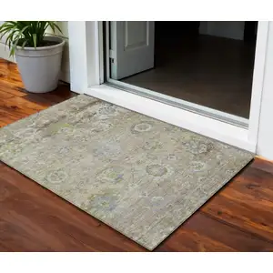 Photo of Beige Gray And Green Floral Washable Indoor Outdoor Area Rug