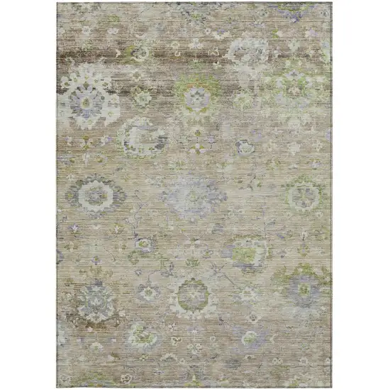 Beige Gray And Green Floral Washable Indoor Outdoor Area Rug Photo 6