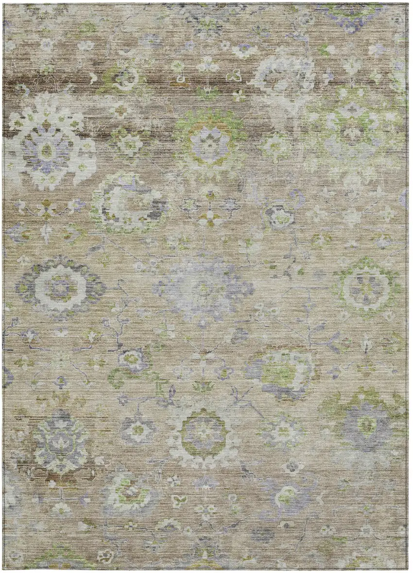 Beige Gray And Green Floral Washable Indoor Outdoor Area Rug Photo 6