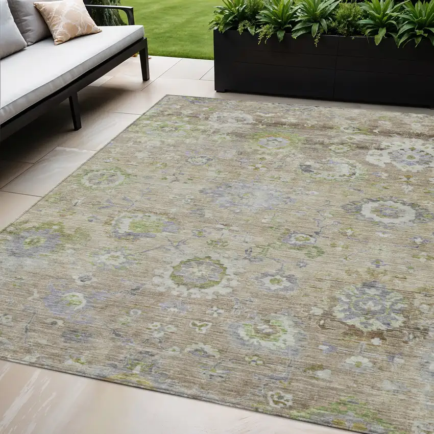 Beige Gray And Green Floral Washable Indoor Outdoor Area Rug Photo 1