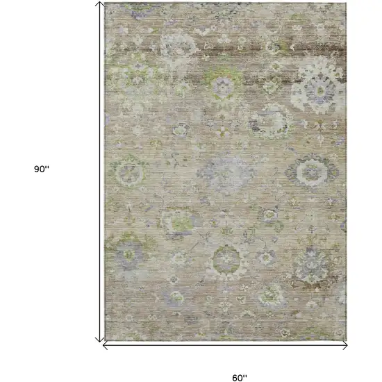 Beige Gray And Green Floral Washable Indoor Outdoor Area Rug Photo 8