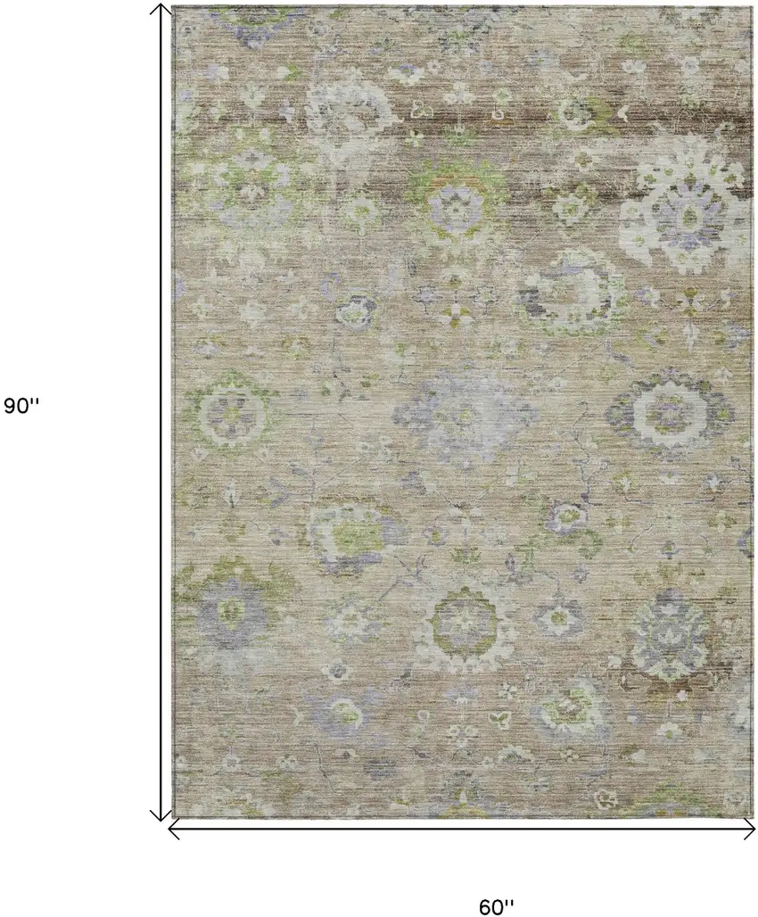 Beige Gray And Green Floral Washable Indoor Outdoor Area Rug Photo 8
