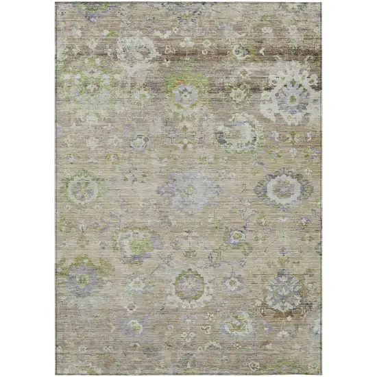 Beige Gray And Green Floral Washable Indoor Outdoor Area Rug Photo 2