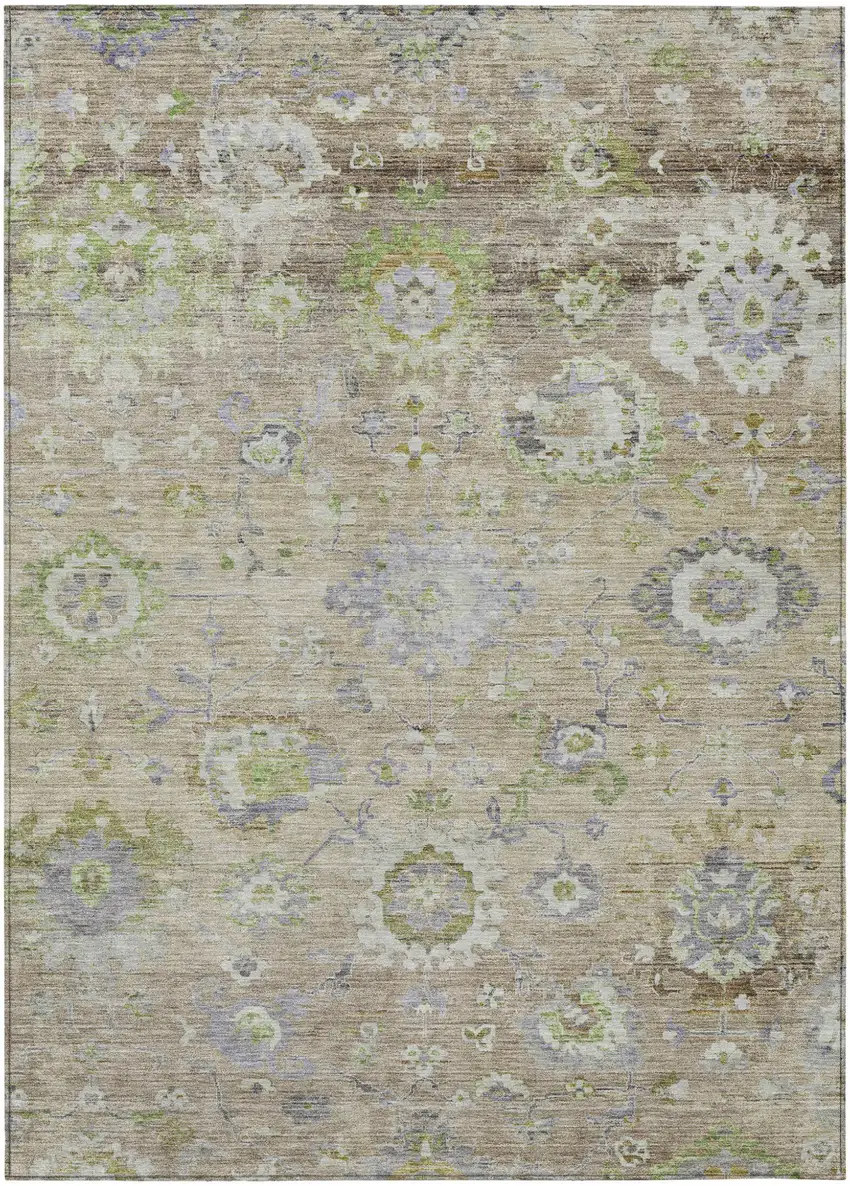 Beige Gray And Green Floral Washable Indoor Outdoor Area Rug Photo 2