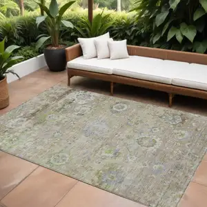 Photo of Beige Gray And Green Floral Washable Indoor Outdoor Area Rug
