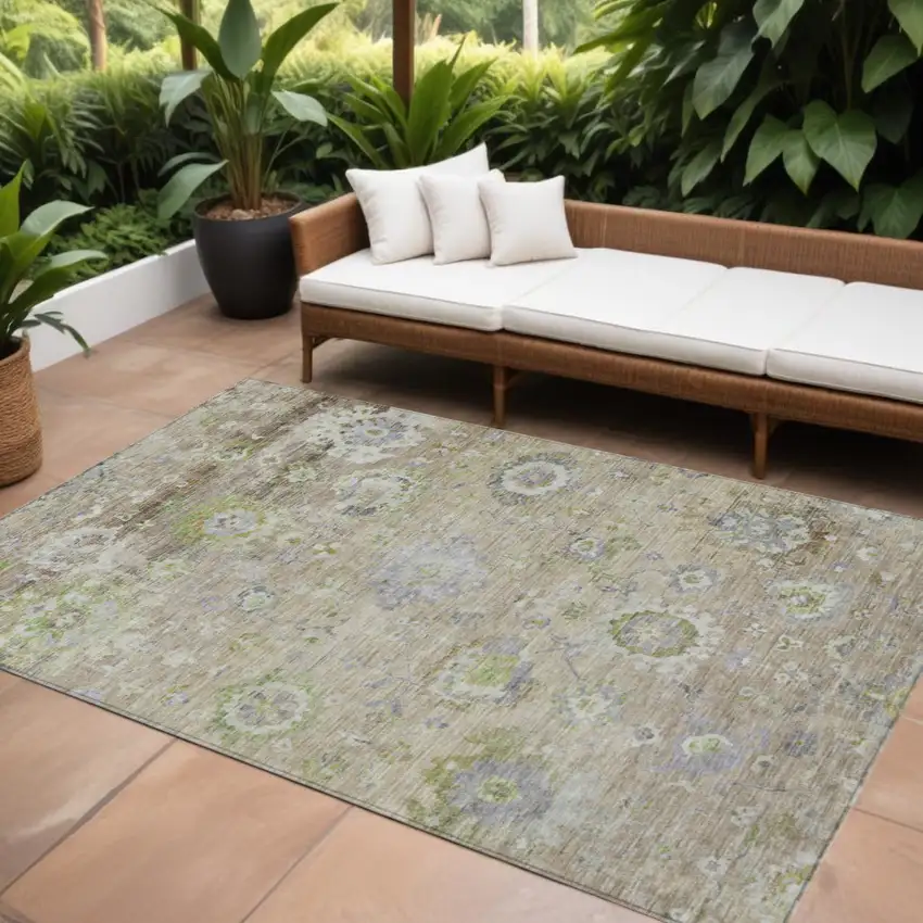 Beige Gray And Green Floral Washable Indoor Outdoor Area Rug Photo 1
