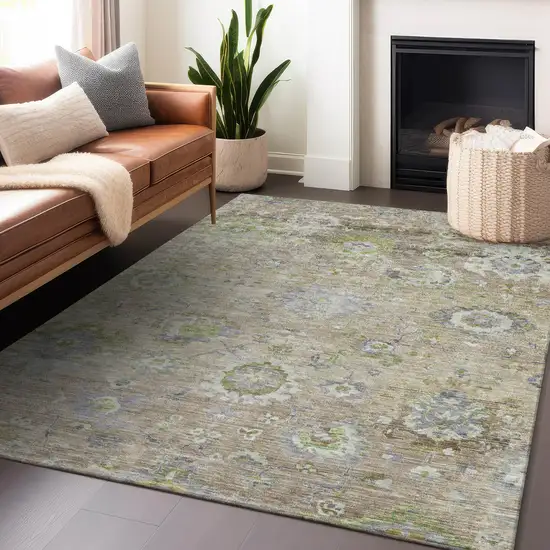 Beige Gray And Green Floral Washable Indoor Outdoor Area Rug Photo 9